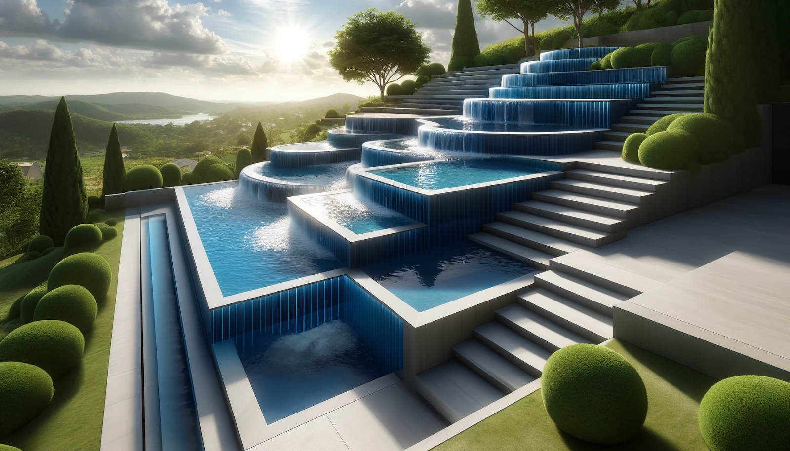 Photorealistic image of tiered pools in navy and aqua blue, set in a landscaped challenging terrain.