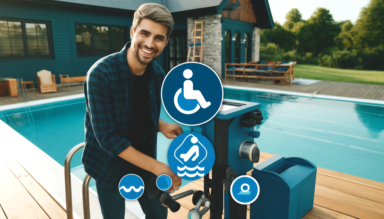 A cheerful person adjusts accessibility features on a pool designed for individuals with disabilities, showcasing a modern and inclusive pool environment.