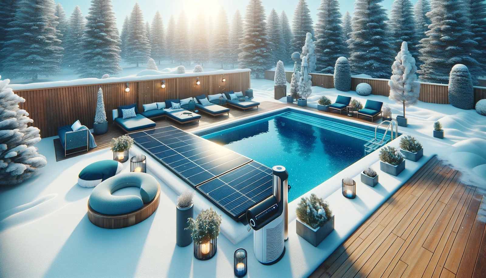 Symbolic representation of efficient pool heating in winter, featuring pool covers, heaters, and solar panels with navy blue and aqua blue colors.