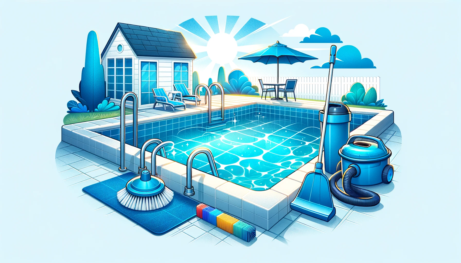 Image of a clean pool with a skimmer and DIY cleaning tools in a bright, cheerful setting featuring navy blue and aqua blue colors.