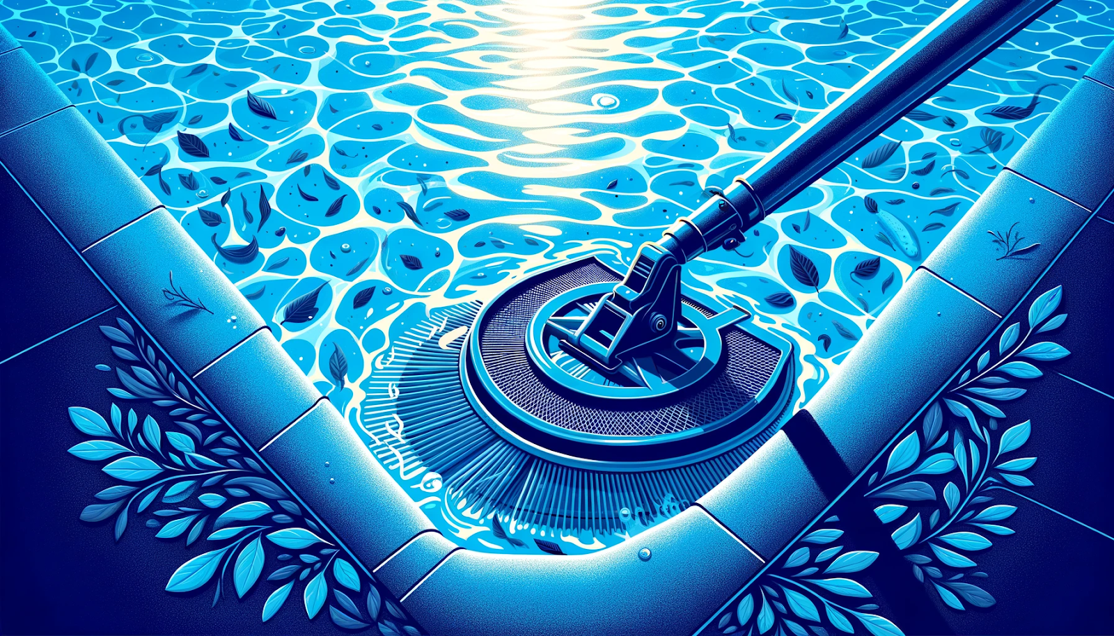 A bright and cheerful scene of a clean swimming pool with a pool skimmer in action, featuring navy blue and aqua blue colors.