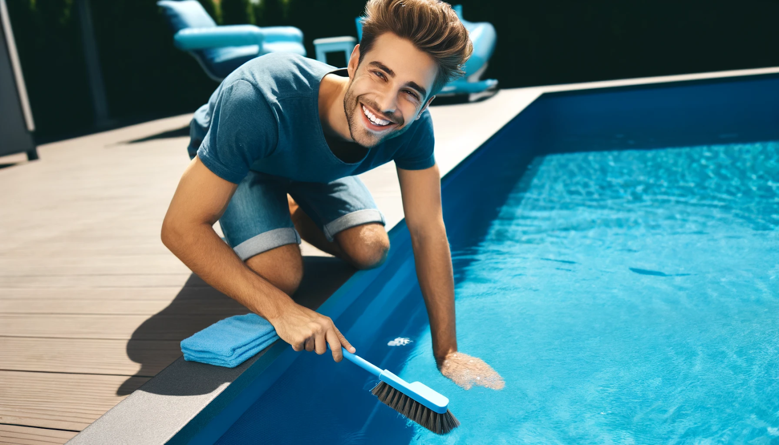  A cheerful person cleaning a pool with a brush, using navy blue and aqua blue colors, demonstrating DIY pool stain removal.