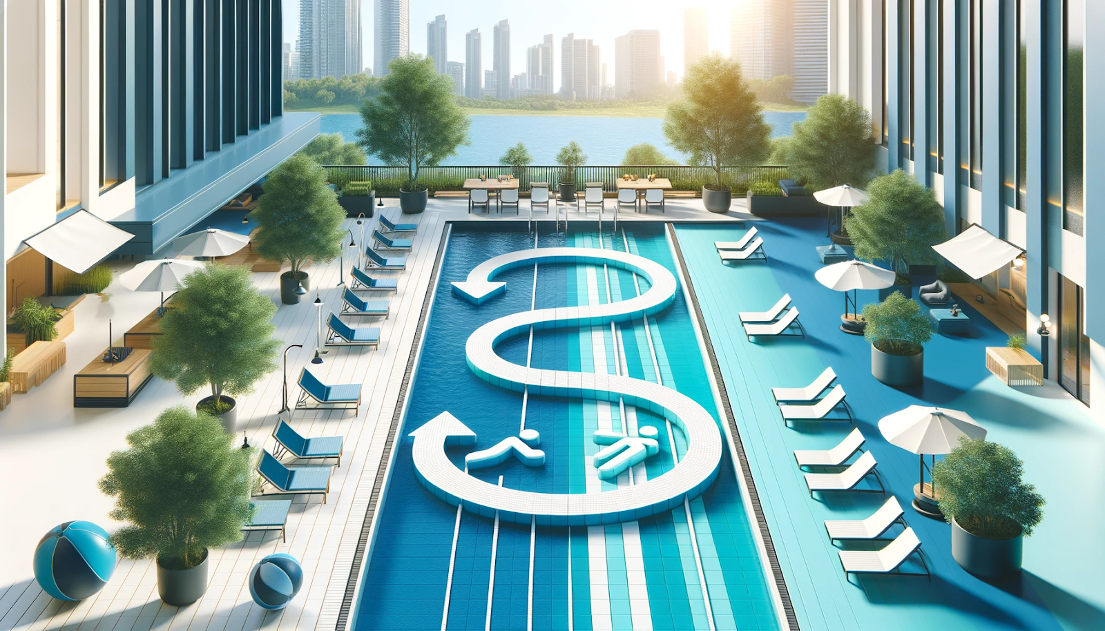 A bright and cheerful photorealistic image representing sustainable pool ownership with lap and resistance pools in navy and aqua blue colors, symbolizing athletic training.