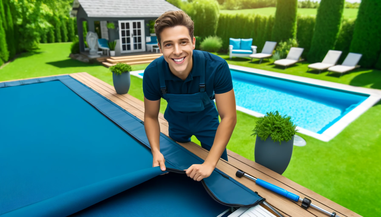 A cheerful person is installing a pool safety cover and highlighting modern pool safety equipment.