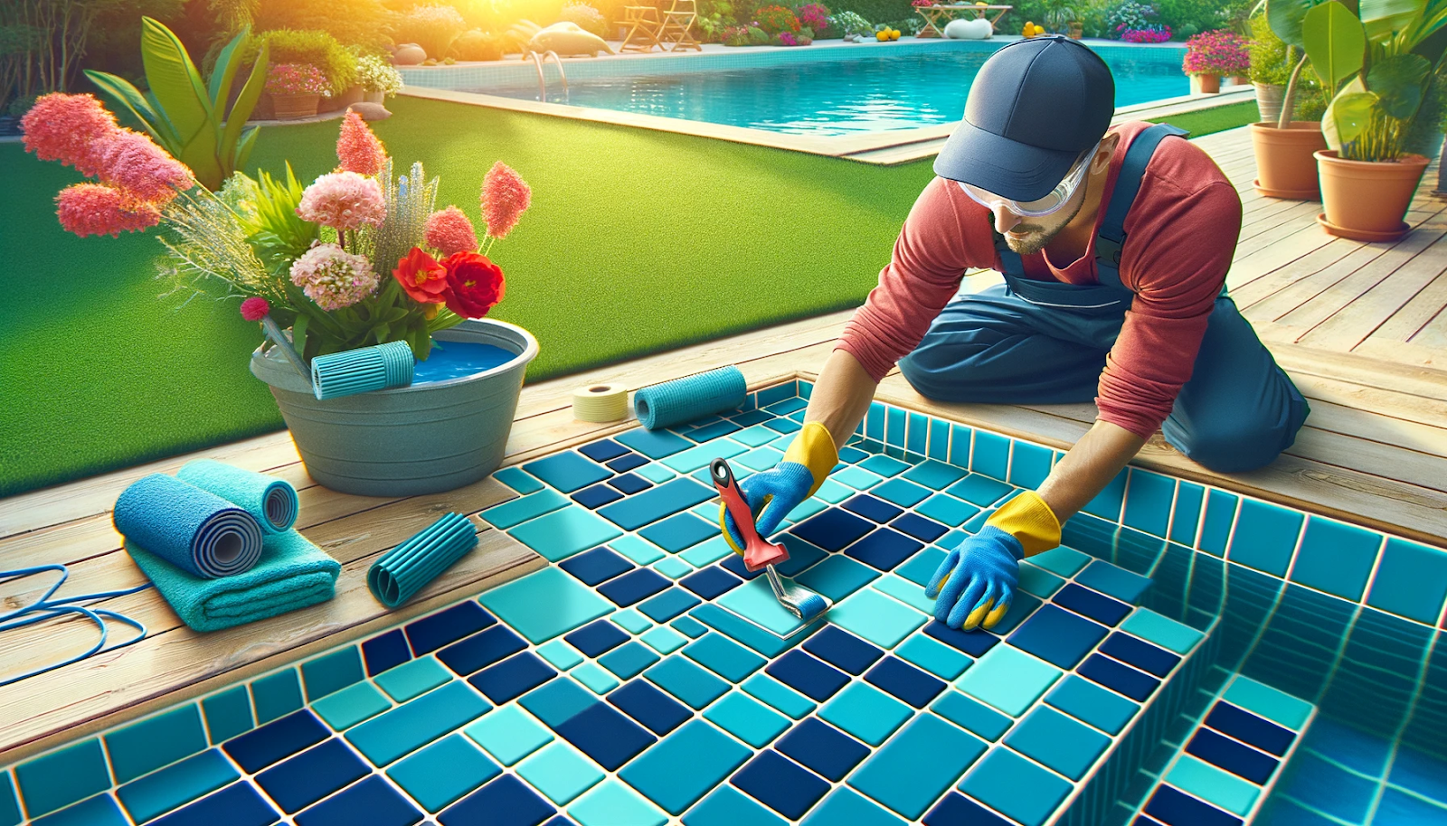 A bright and cheerful pool scene with a person replacing navy blue and aqua blue pool tiles symbolizes a lively and environmentally conscious lifestyle.