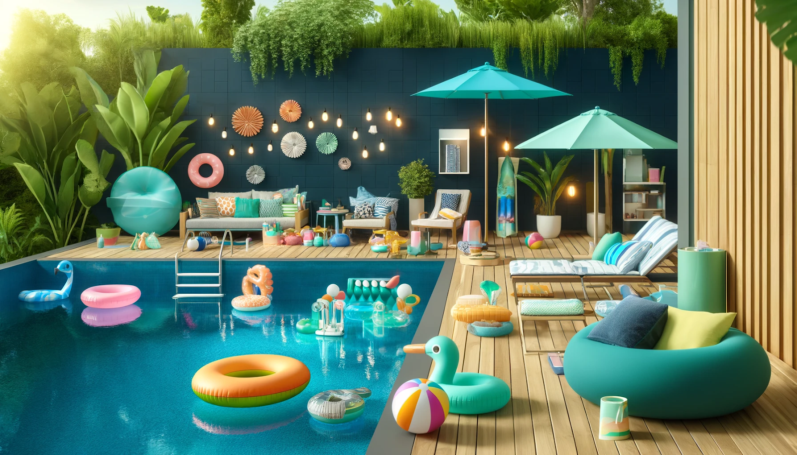 A bright and cheerful poolside scene with unique accessories like floaties, loungers, lights, and eco-friendly gadgets in navy blue and aqua blue tones.