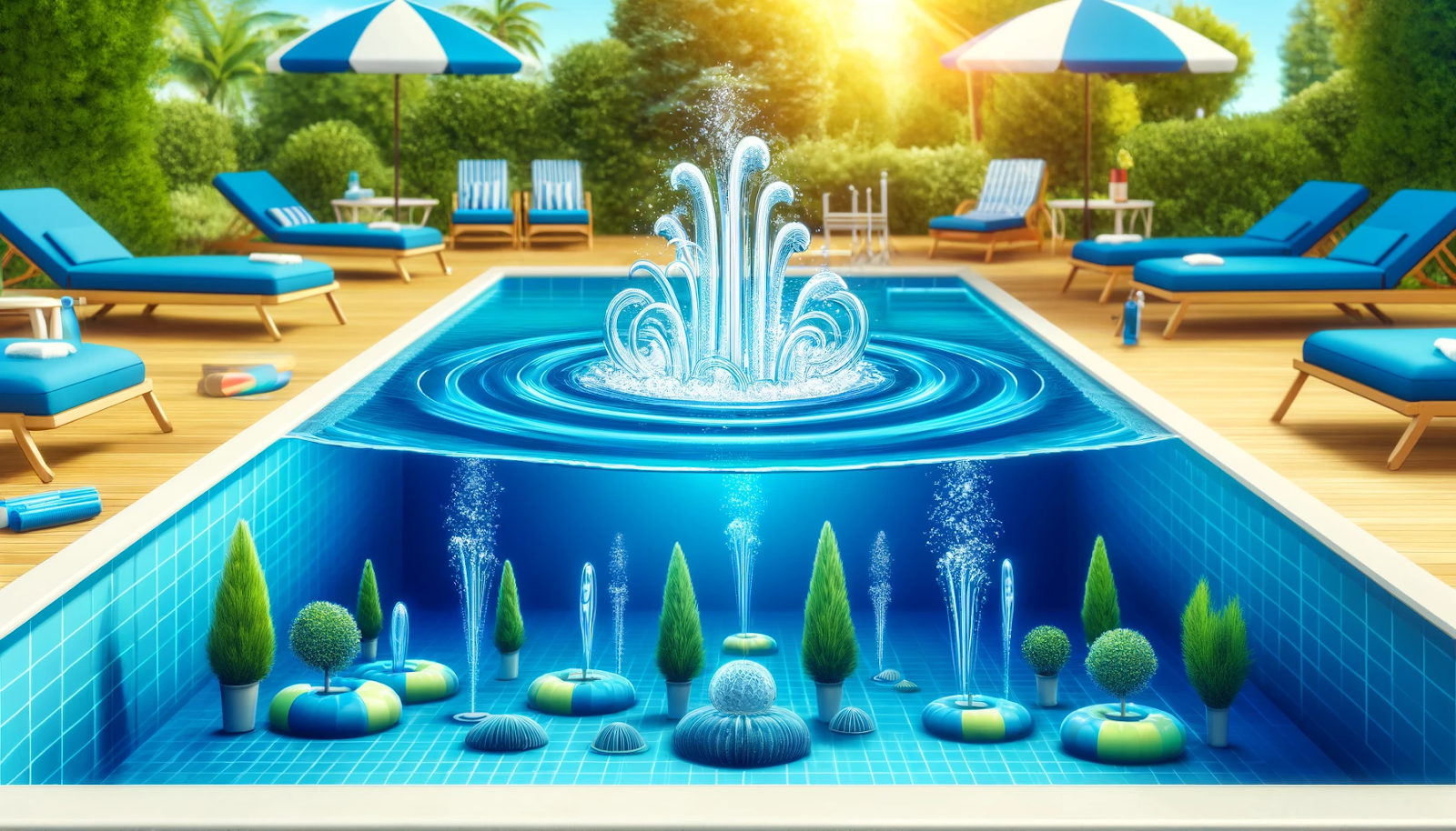 Symbolic representation of the benefits of pool aeration systems featuring a pool with clean, aerated water in navy blue and aqua blue tones.