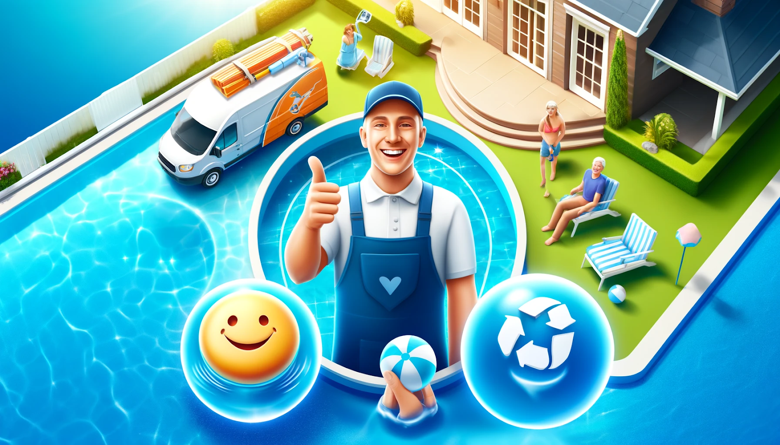 Bright, cheerful scene of a pool cleaner, happy homeowners, and a sparkling pool, symbolizing customer loyalty in the pool cleaning business.