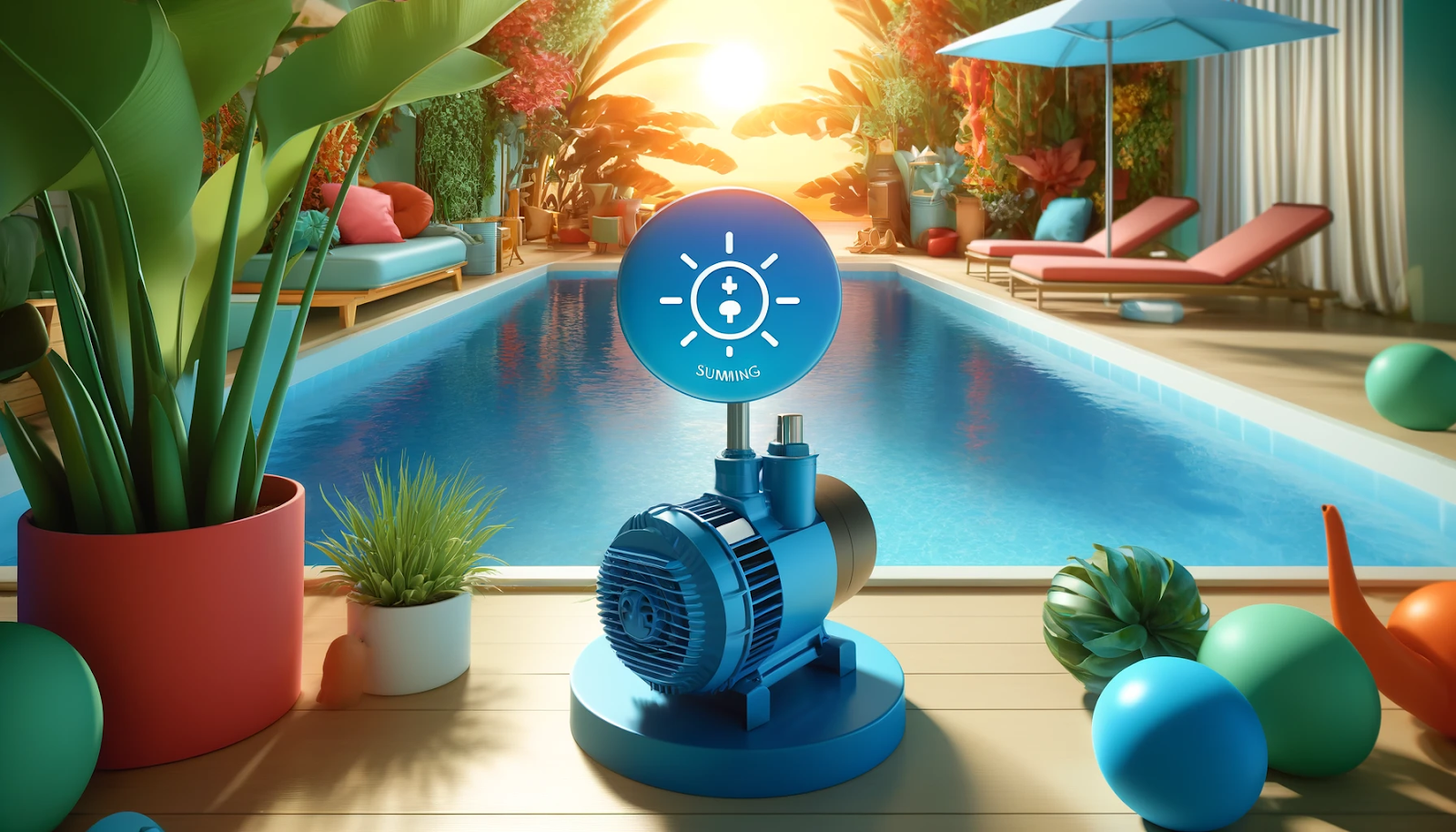 A bright, cheerful poolside scene with an energy-efficient pool pump symbolizes cost savings and sustainability.