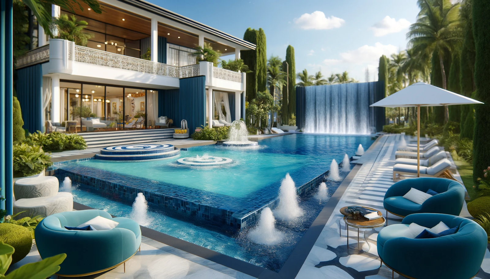 A luxurious pool with various water features, including a waterfall, fountains, and deck jets, set in a bright, cheerful atmosphere.