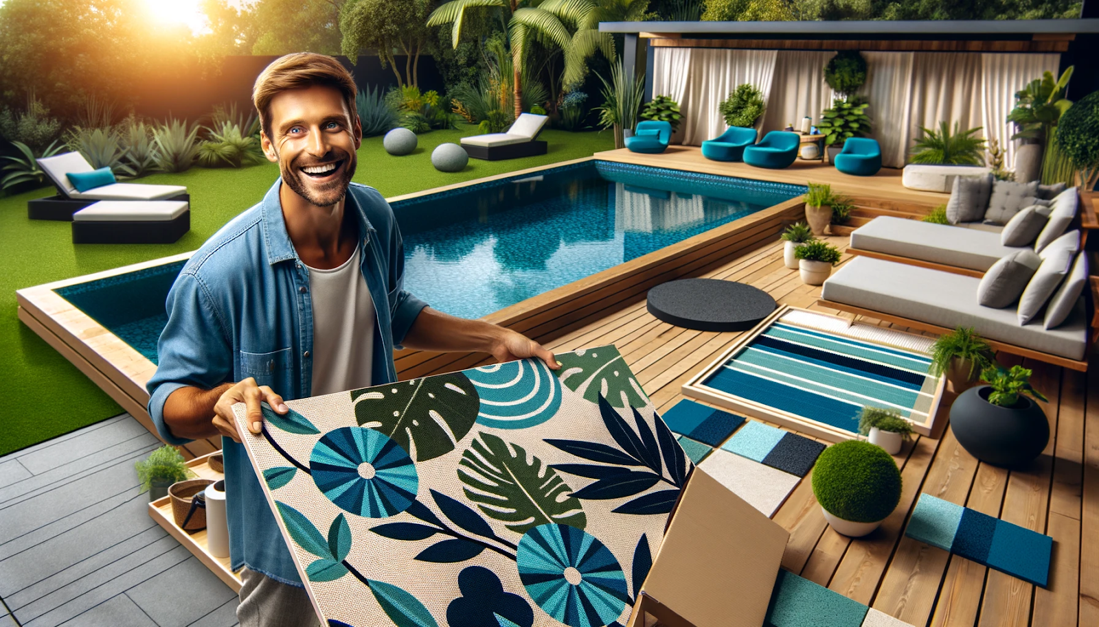 Cheerful person installing eco-friendly materials in a modern, resort-style pool with navy and aqua blue accents.