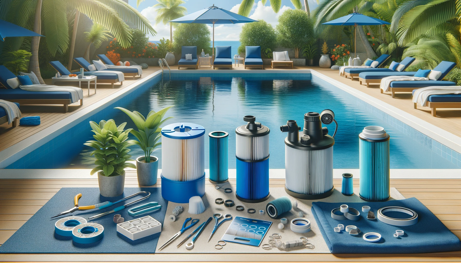 A bright, cheerful image symbolizing DIY pool filter upgrades featuring tools and components in navy blue and aqua blue.