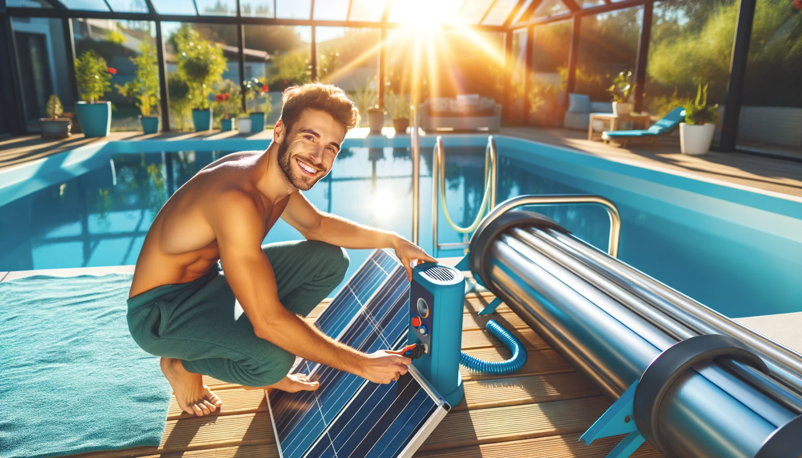 Cheerful person working on pool heating setup with solar panels and a solar cover featuring navy blue and aqua blue elements.