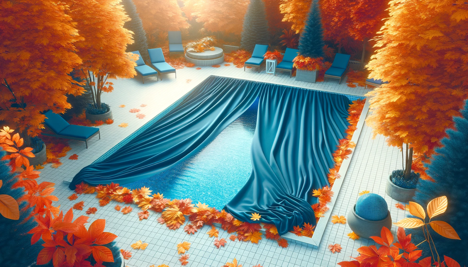 Photorealistic image featuring an elegantly covered swimming pool surrounded by autumn leaves, with a serene and bright atmosphere in navy and aqua blue colors.