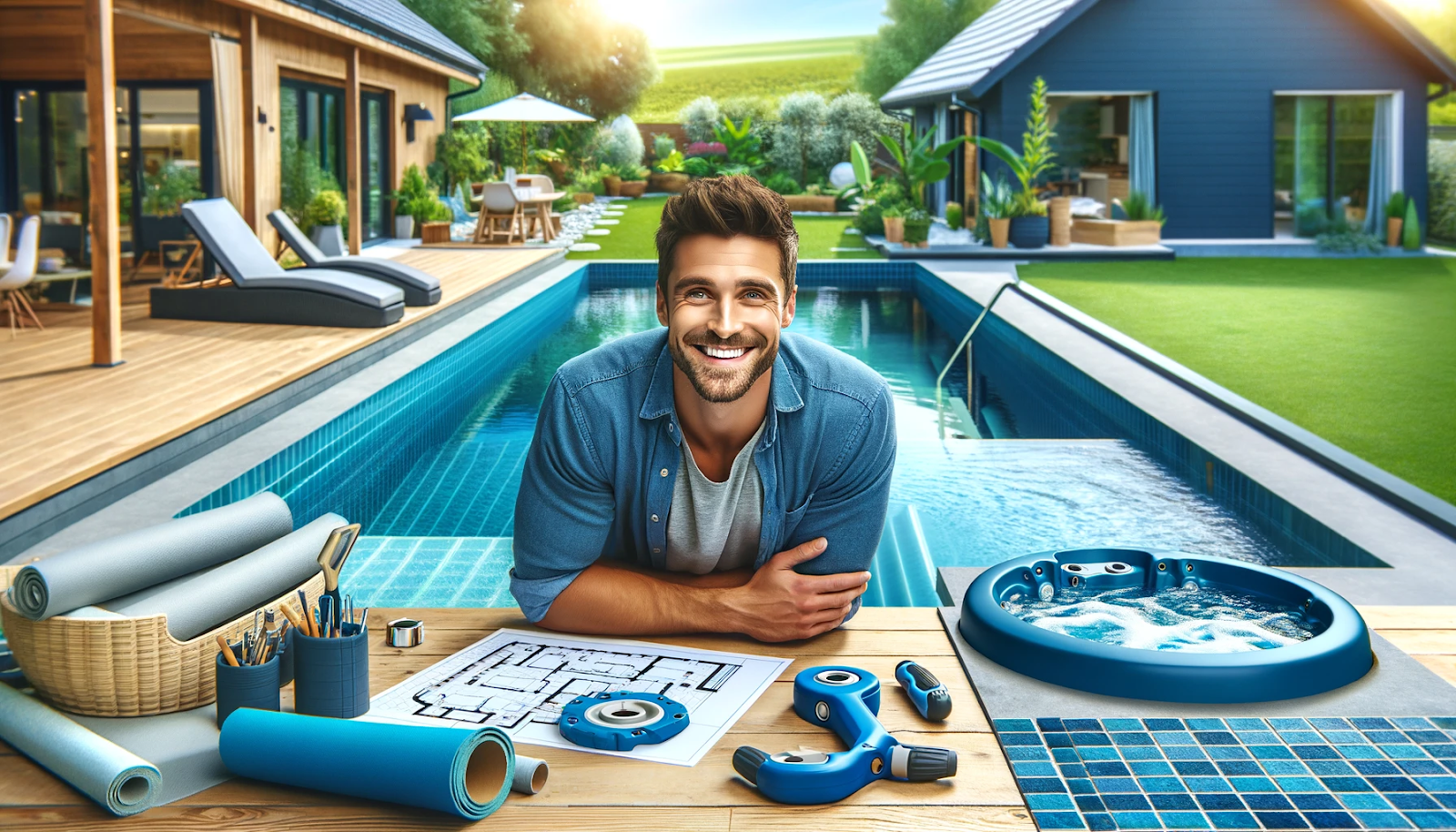 A cheerful person adjusting pool controls by a backyard pool with integrated spa and hot tub, featuring navy blue and aqua blue colors.