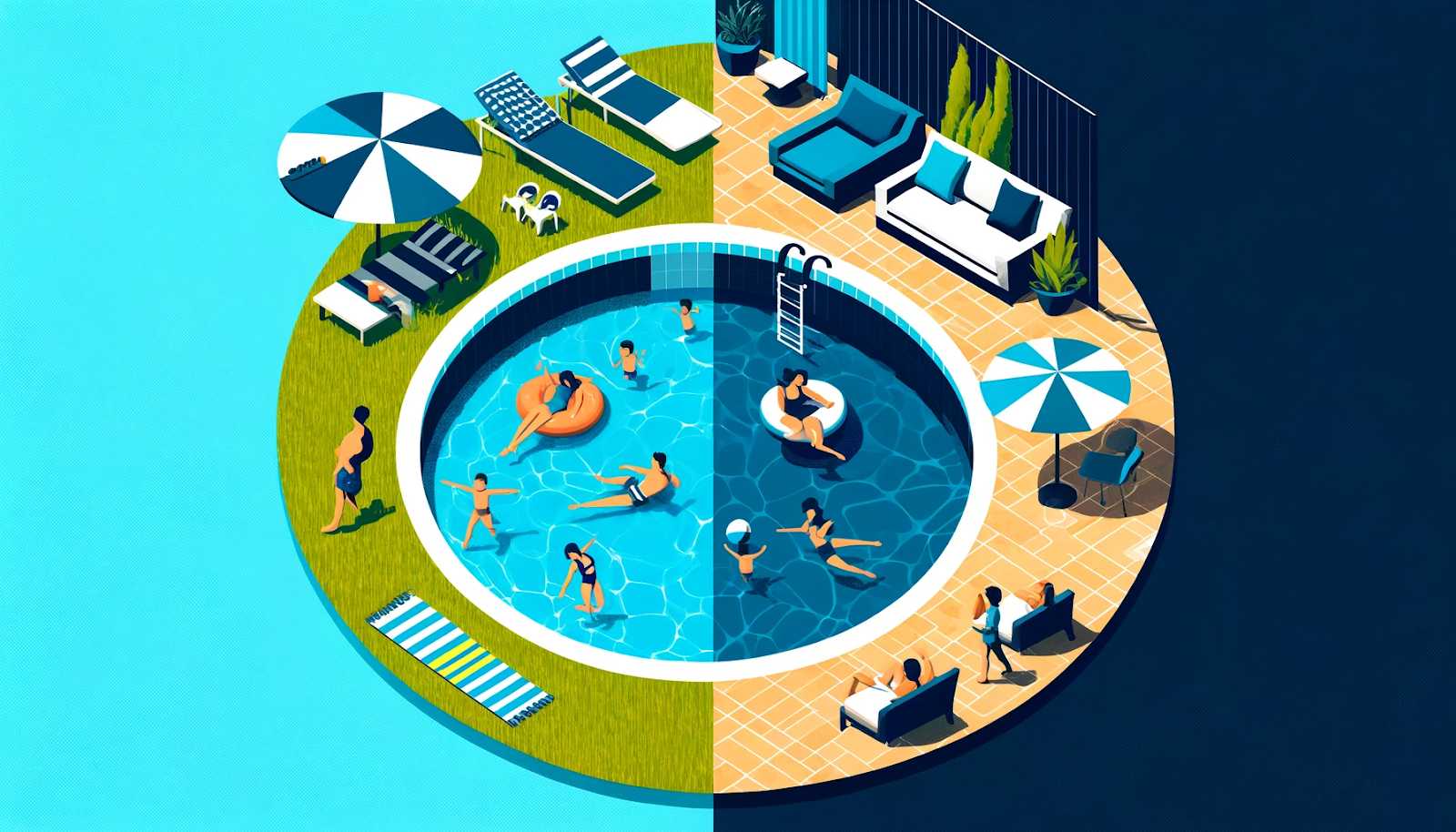 A bright and cheerful symbolic representation of an above-ground pool next to an inground pool filled with families enjoying their time outdoors.