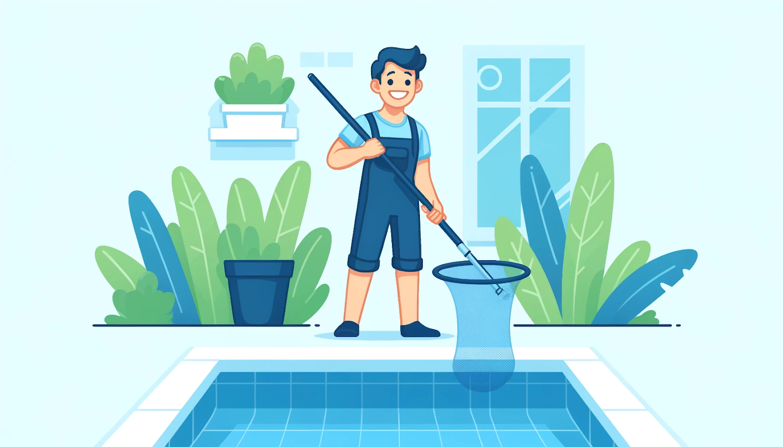 A cheerful person maintaining a pool, highlighting energy-saving tips for pool care. Includes navy blue and aqua blue elements.