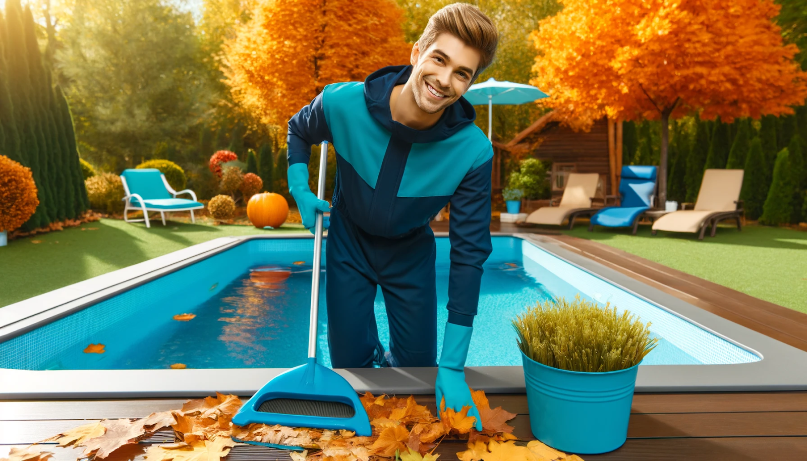 Cheerful person maintaining a pool in autumn, emphasizing pool care routines for transitioning from summer to fall.