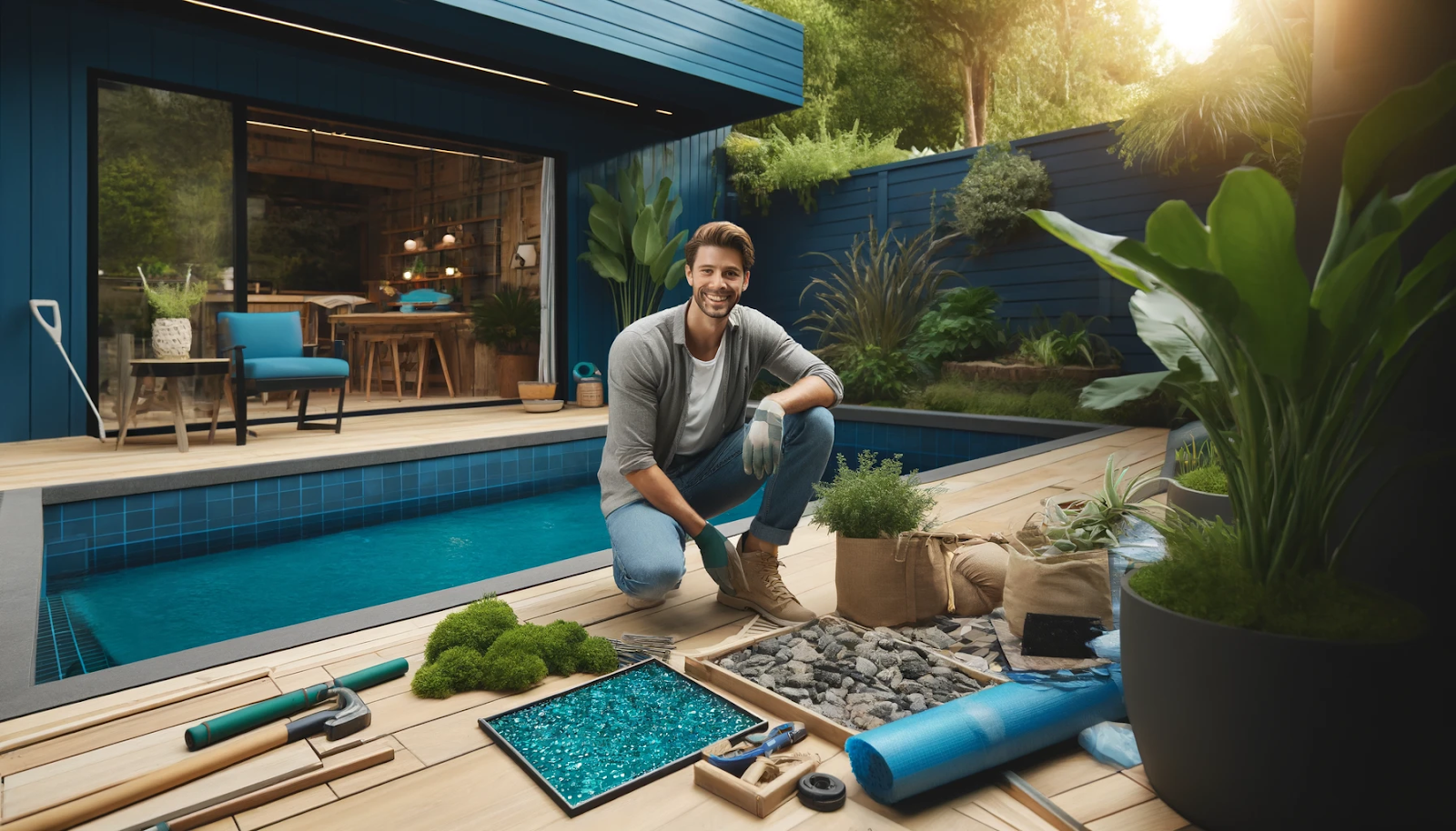 A cheerful person is working on an eco-friendly pool project with bamboo decking and recycled glass tiles featuring navy blue and aqua blue highlights.