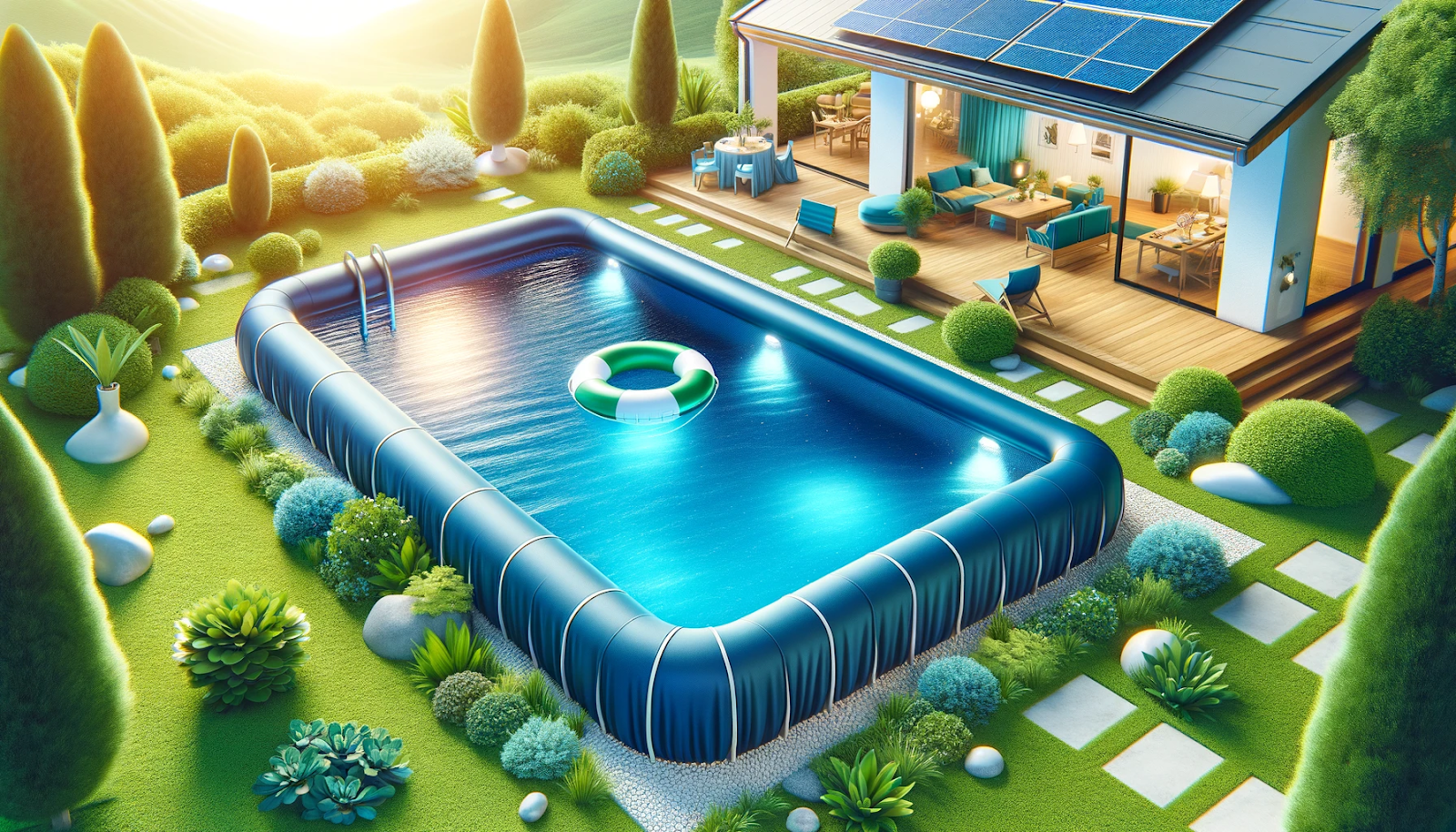 A photorealistic image of a pool with a navy blue and aqua blue cover symbolizes energy efficiency, water conservation, and a cleaner pool environment.