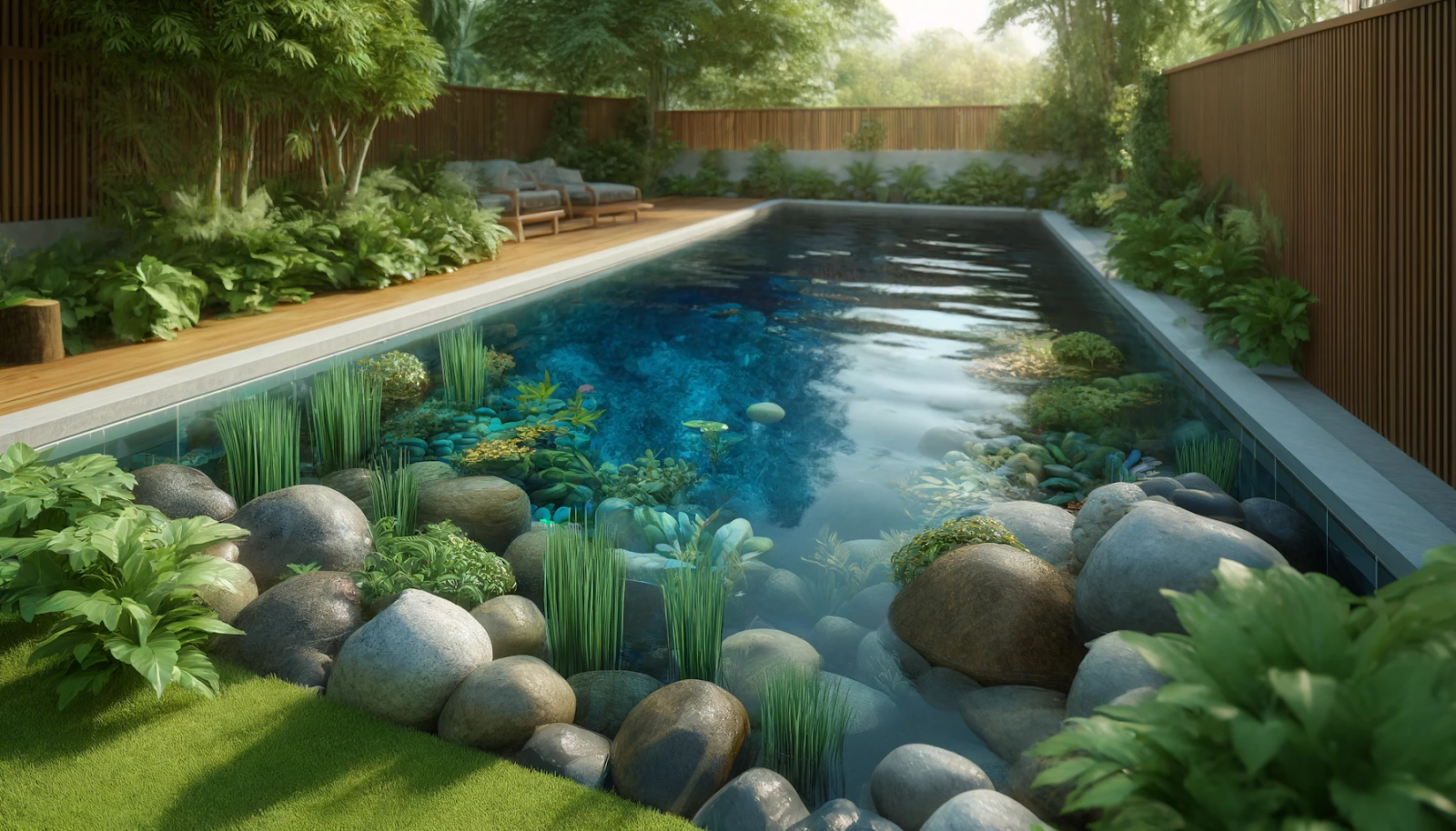 A photorealistic scene of a natural swimming pool surrounded by lush greenery, featuring navy blue and aqua blue water, symbolizing eco-friendly and sustainable design.