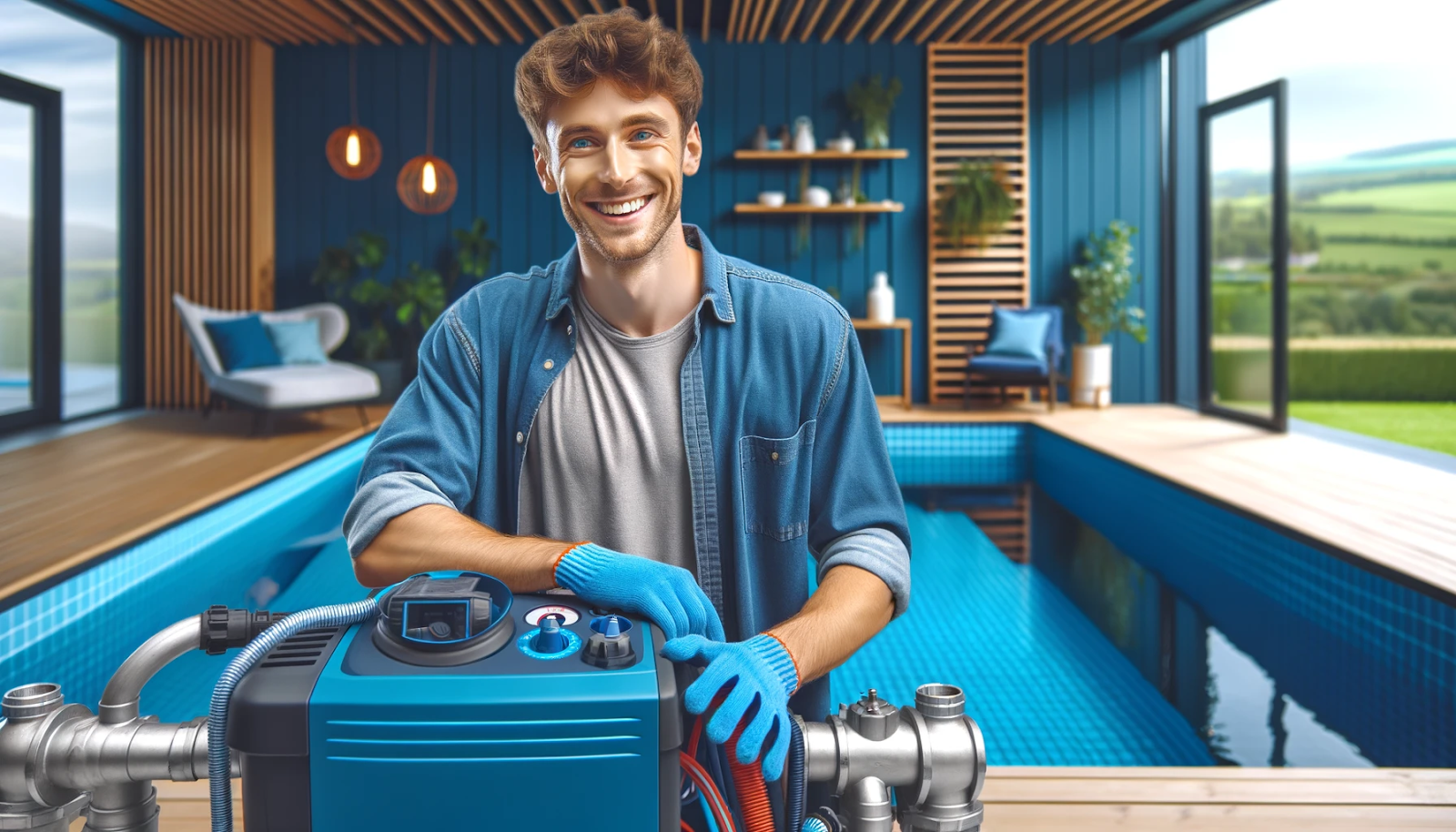 Cheerful person working on pool with navy blue and aqua blue colors, demonstrating advanced pool heating options