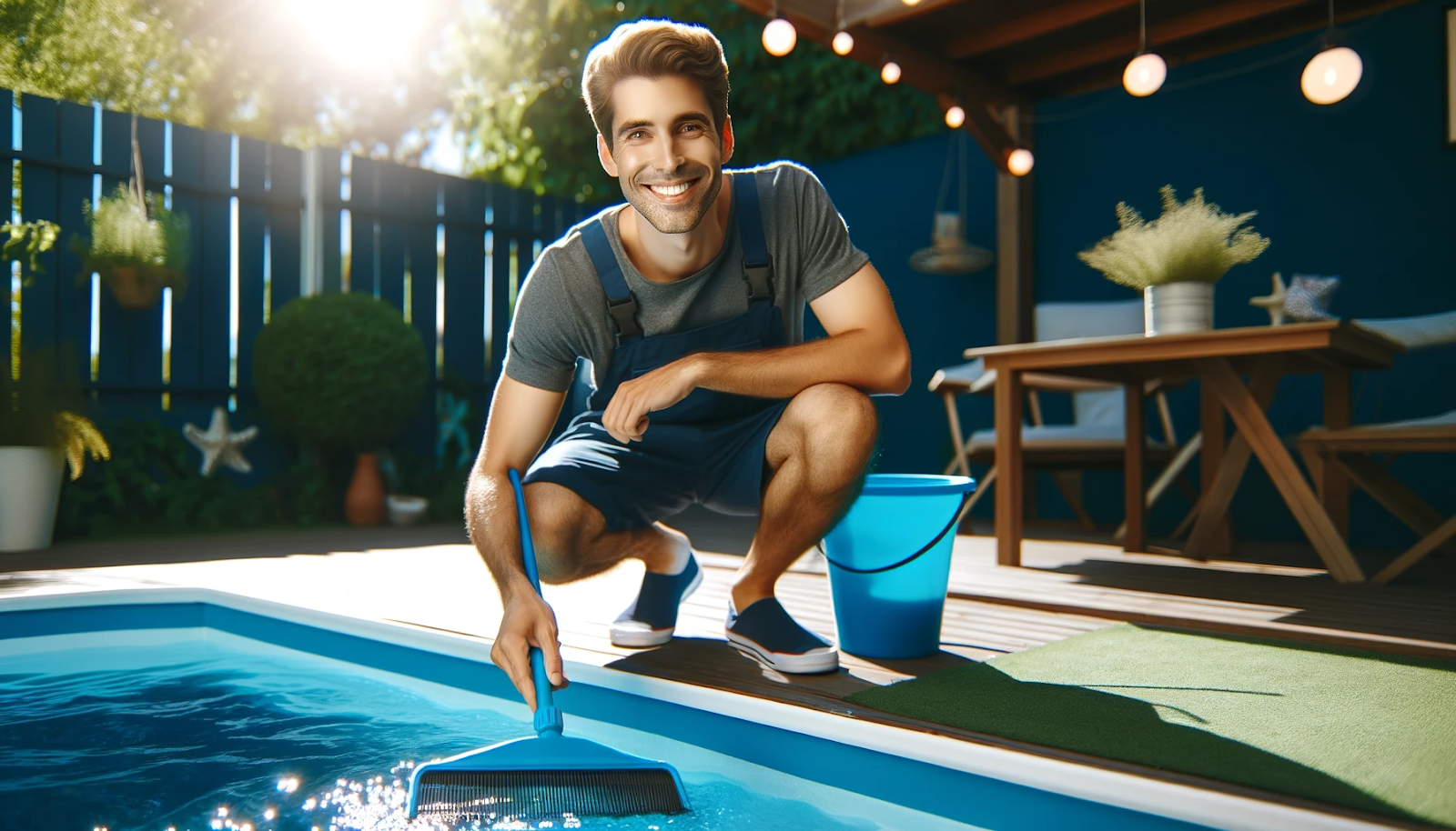 Cheerful person maintaining a pool using a skimmer, showcasing budget-friendly pool care in a sunny backyard.