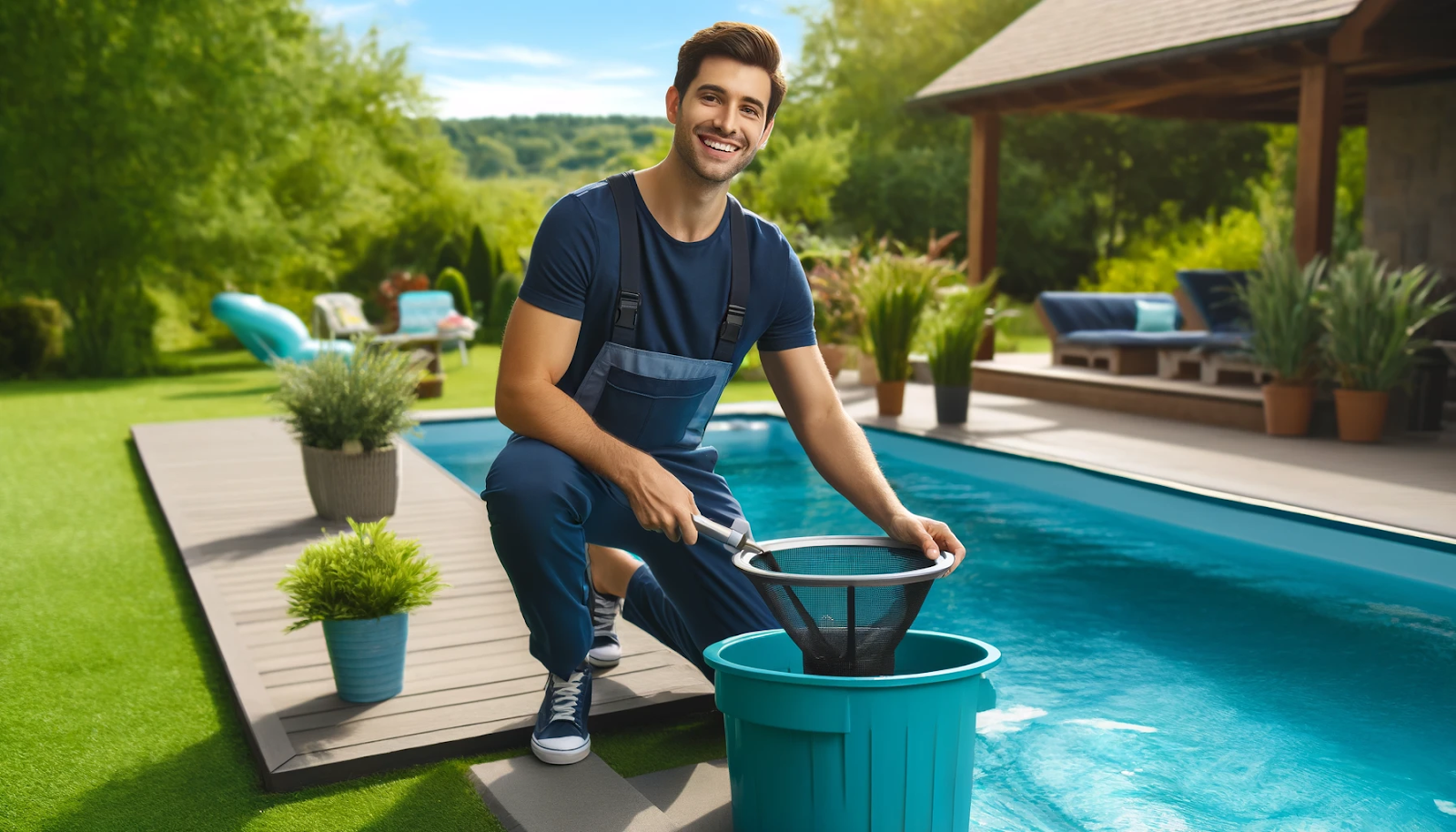 A cheerful person cleaning a pool skimmer basket with a navy blue and aqua blue color scheme, demonstrating pool maintenance.