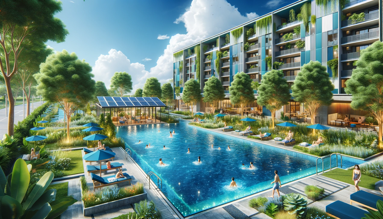 A bright, eco-friendly community pool with solar panels, greenery, rainwater harvesting, and people enjoying the vibrant aqua blue water.