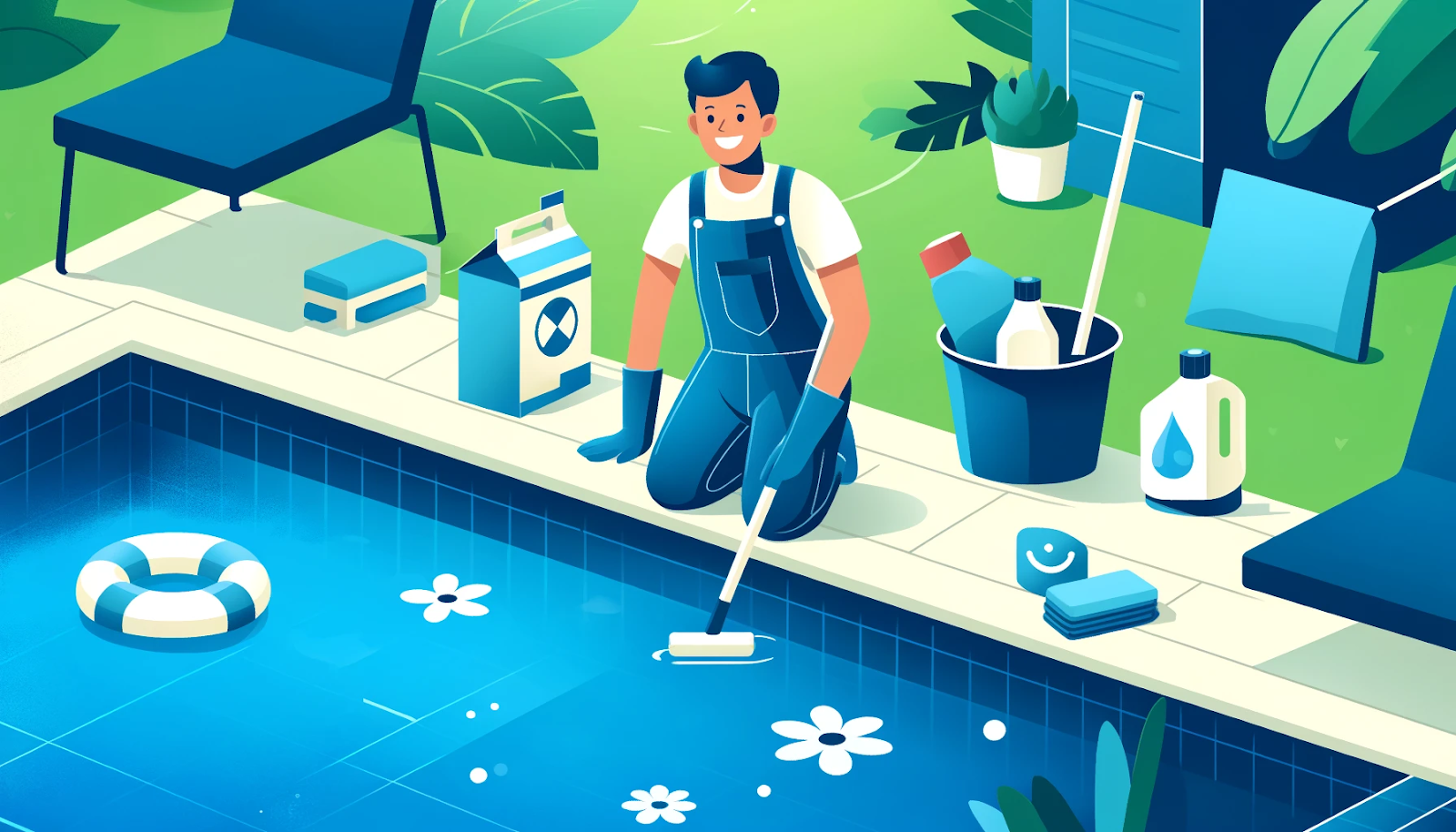 A cheerful person maintaining a pool with eco-friendly practices featuring navy blue and aqua blue elements.