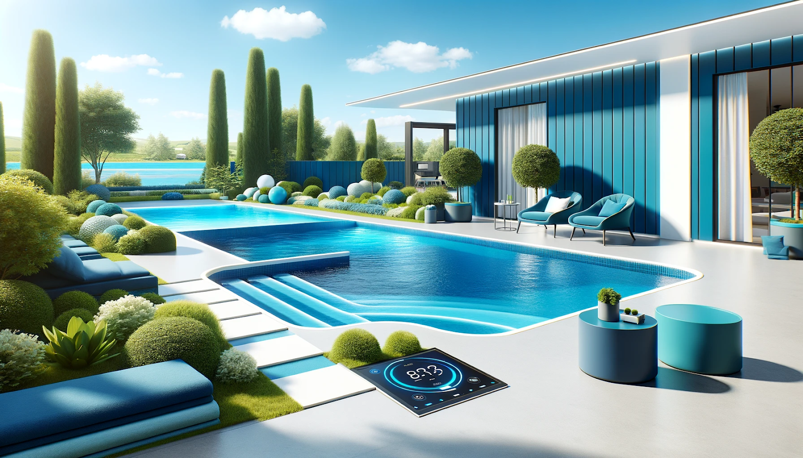 A bright and cheerful photorealistic image featuring a modern pool with navy blue and aqua blue colors, lush landscaping, futuristic pool furniture, and a smart pool control panel. A clear, sunny sky adds to the modern pool design atmosphere.