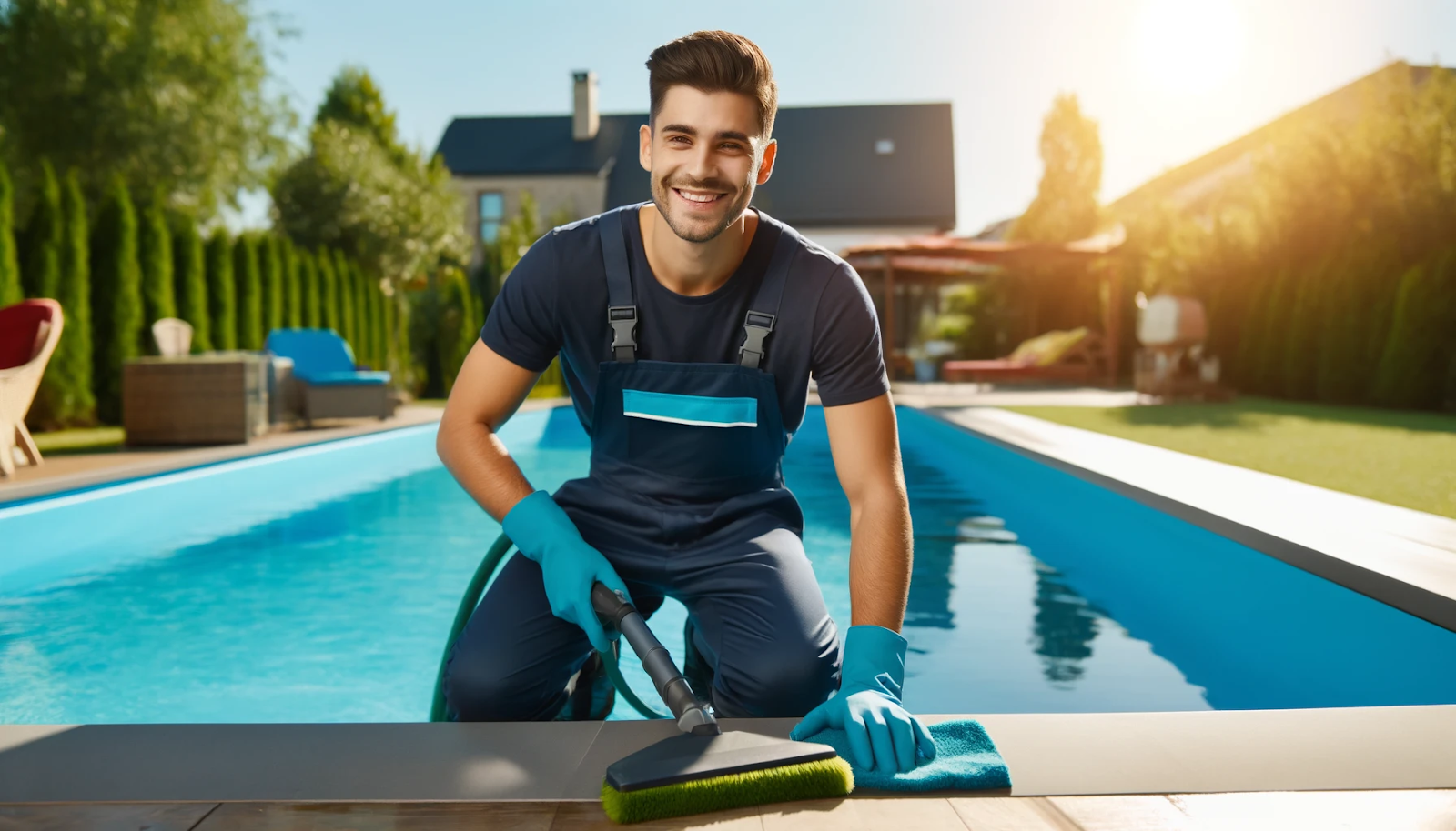 A cheerful pool cleaner in navy and aqua blue uniform, maintaining a pool with modern tools, ensuring cleanliness and safety.