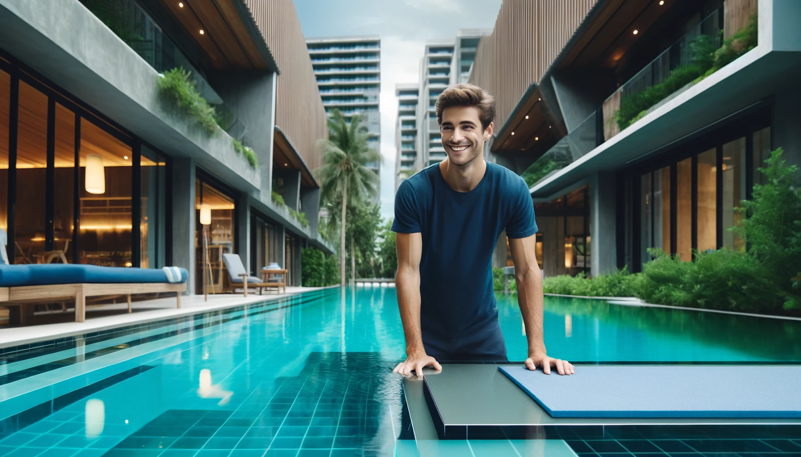 A cheerful person wearing navy blue works on a pool with aqua blue water, blending seamlessly with stylish architecture to illustrate modern pool design.