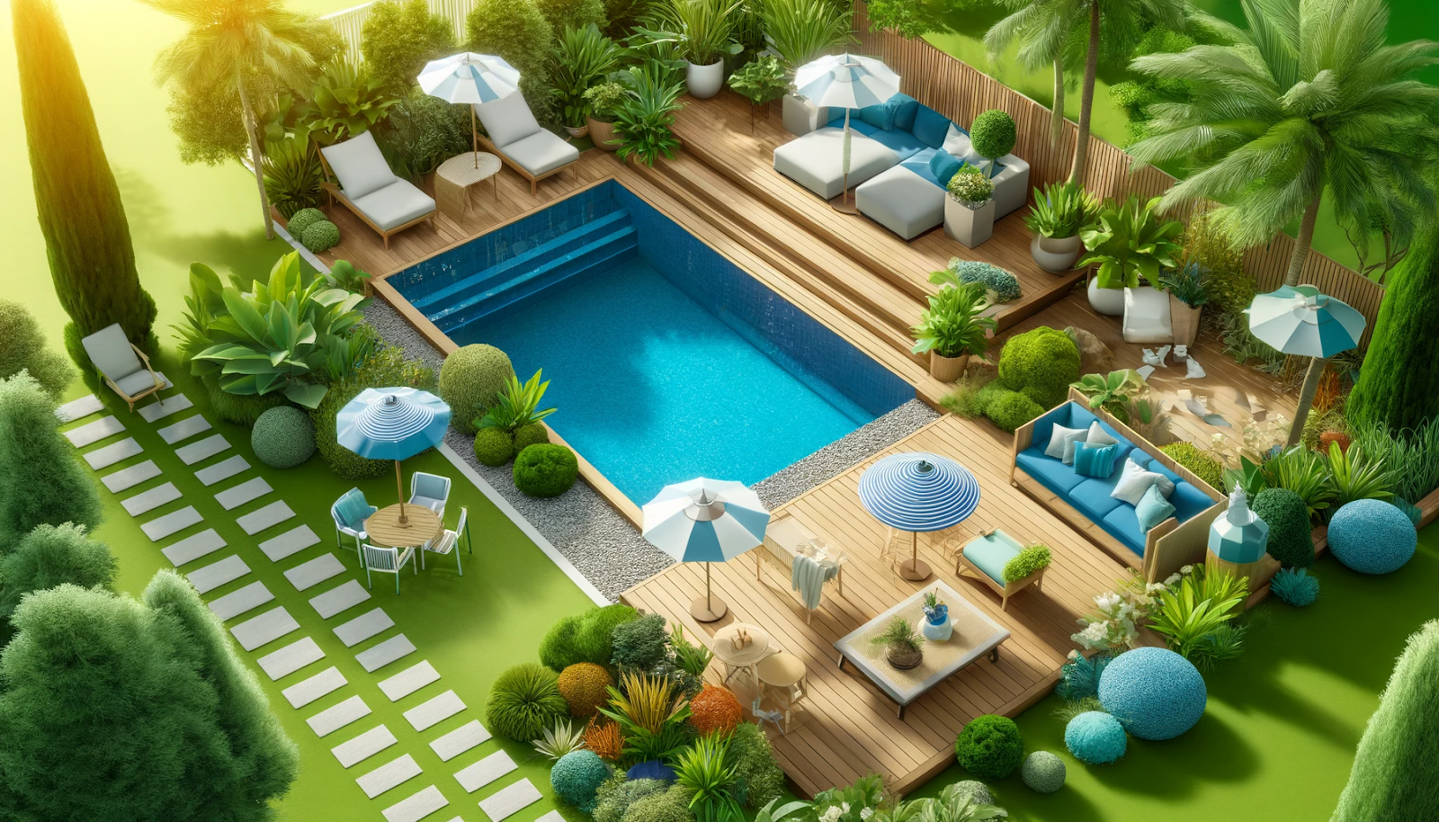 A photorealistic pool landscape with lush greenery, modern furniture, and navy and aqua blue accents, reflecting sustainable luxury.