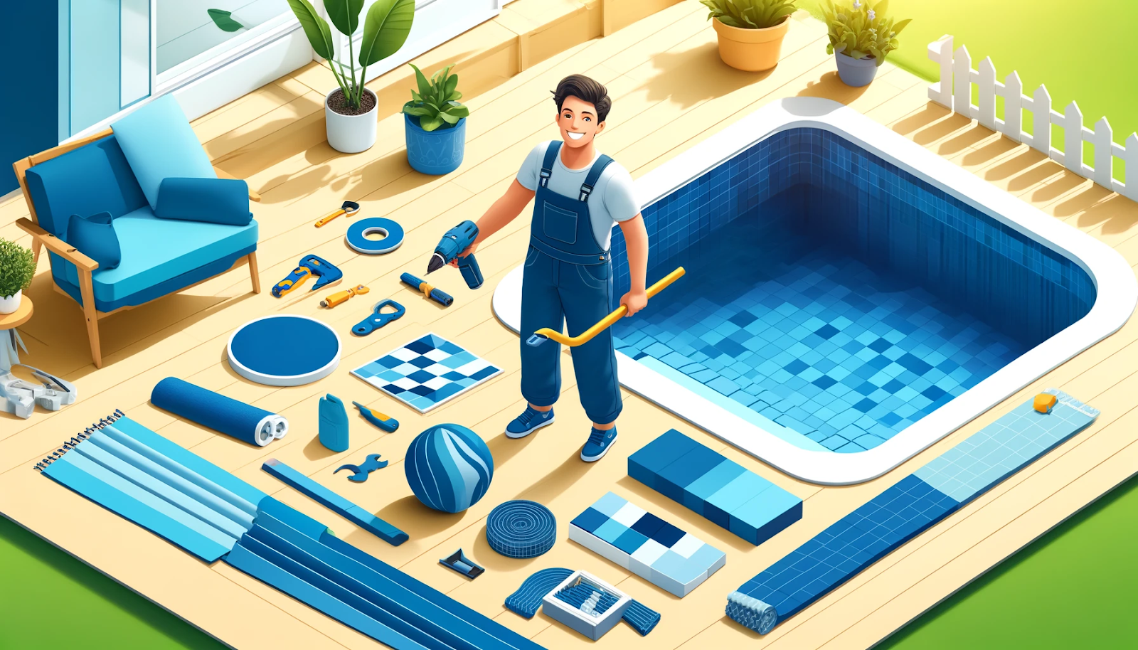 A cheerful person working on a pool installation featuring navy blue and aqua blue colors, depicting a scene of hands-on pool preparation.