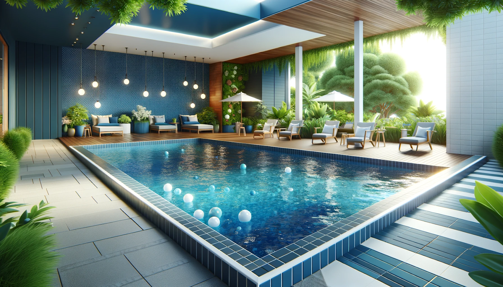 A bright and cheerful pool scene with navy blue and aqua blue elements symbolizes effective customer service and satisfaction in pool services.