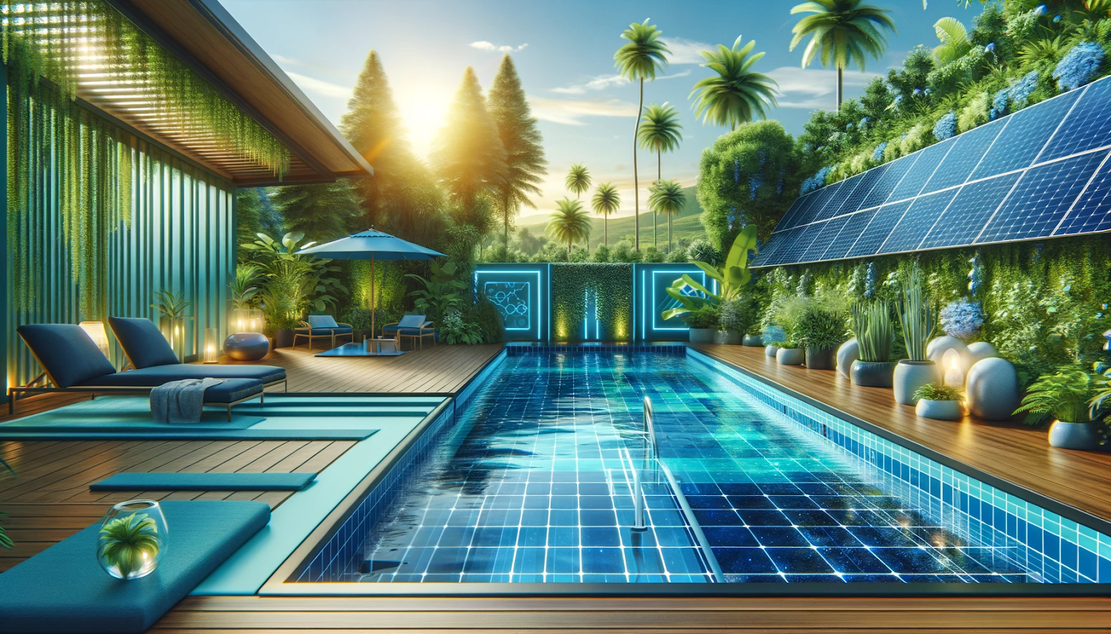 Photorealistic image of a modern, eco-friendly swimming pool with navy and aqua blue elements, surrounded by greenery and solar panels, representing green pool technology.