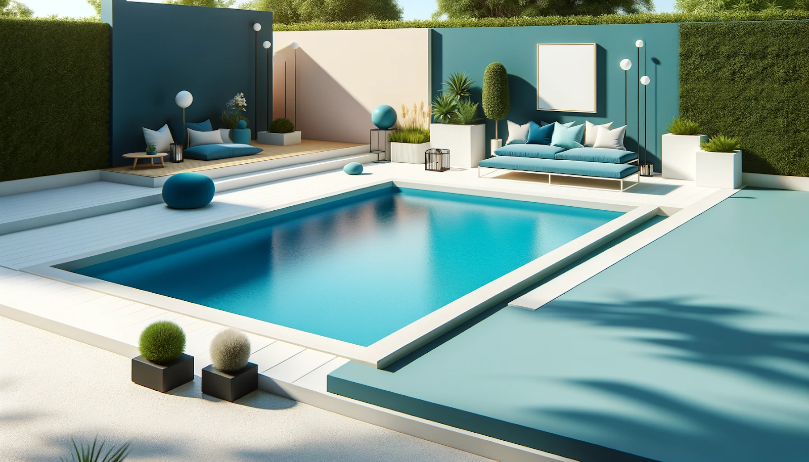 A bright and cheerful minimalist pool design with clean lines, geometric shapes, and natural materials in a modern backyard setting with navy blue and aqua-blue colors.