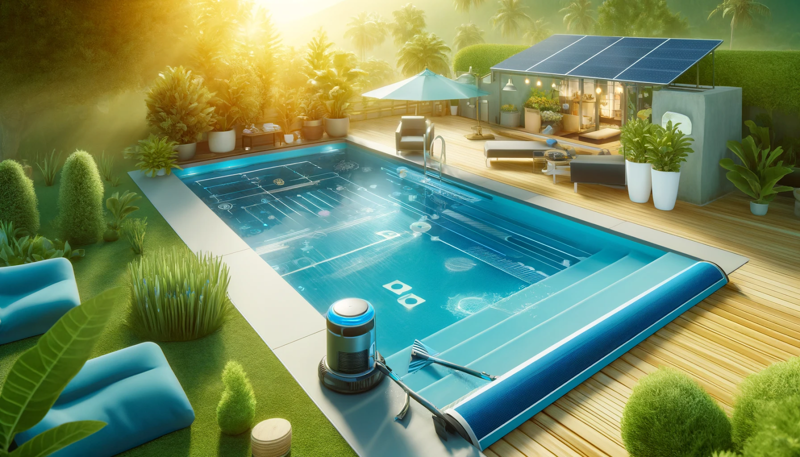 A bright, cheerful poolside scene with automated pool cleaning systems and solar covers symbolizes efficient and eco-friendly seasonal pool maintenance.