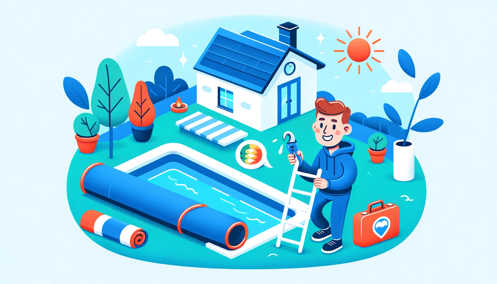 A cheerful person maintains a pool with energy-efficient practices like using a pool cover and an efficient heating system. Navy blue and aqua blue.