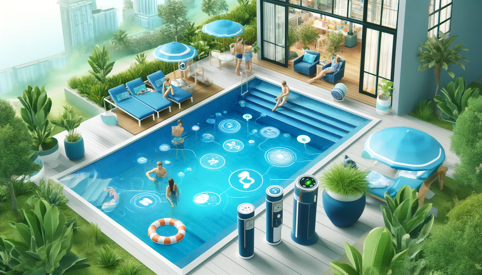 A bright and cheerful poolside scene features smart pool equipment like automated cleaners, water quality monitors, and pool covers in a vibrant setting.