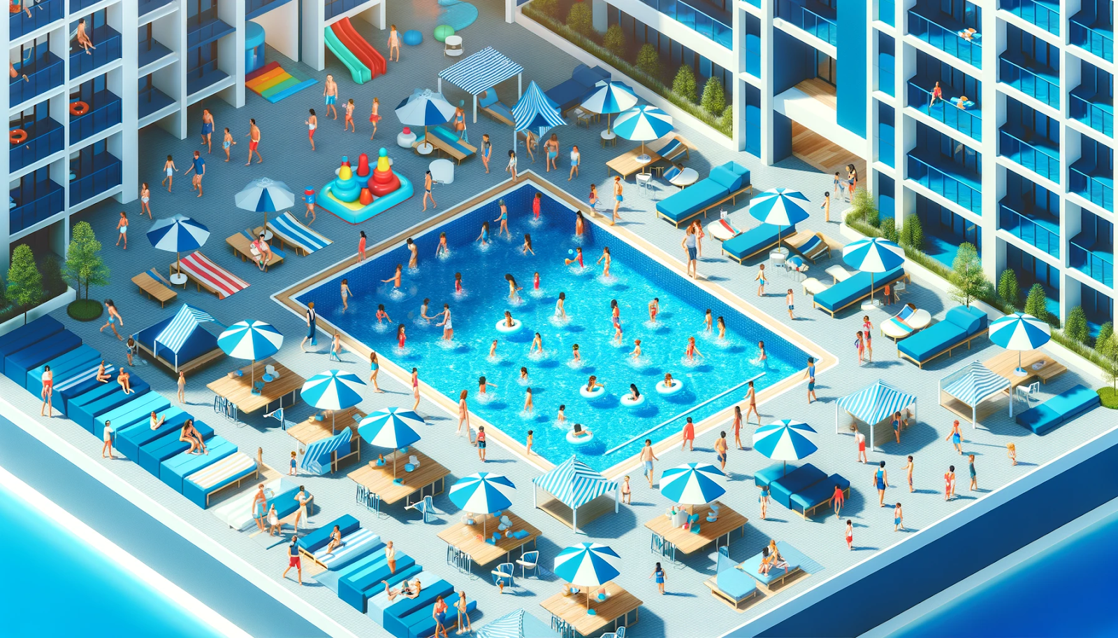 A vibrant pool area with people enjoying various activities, showcasing effective management of high traffic during summer and holidays.