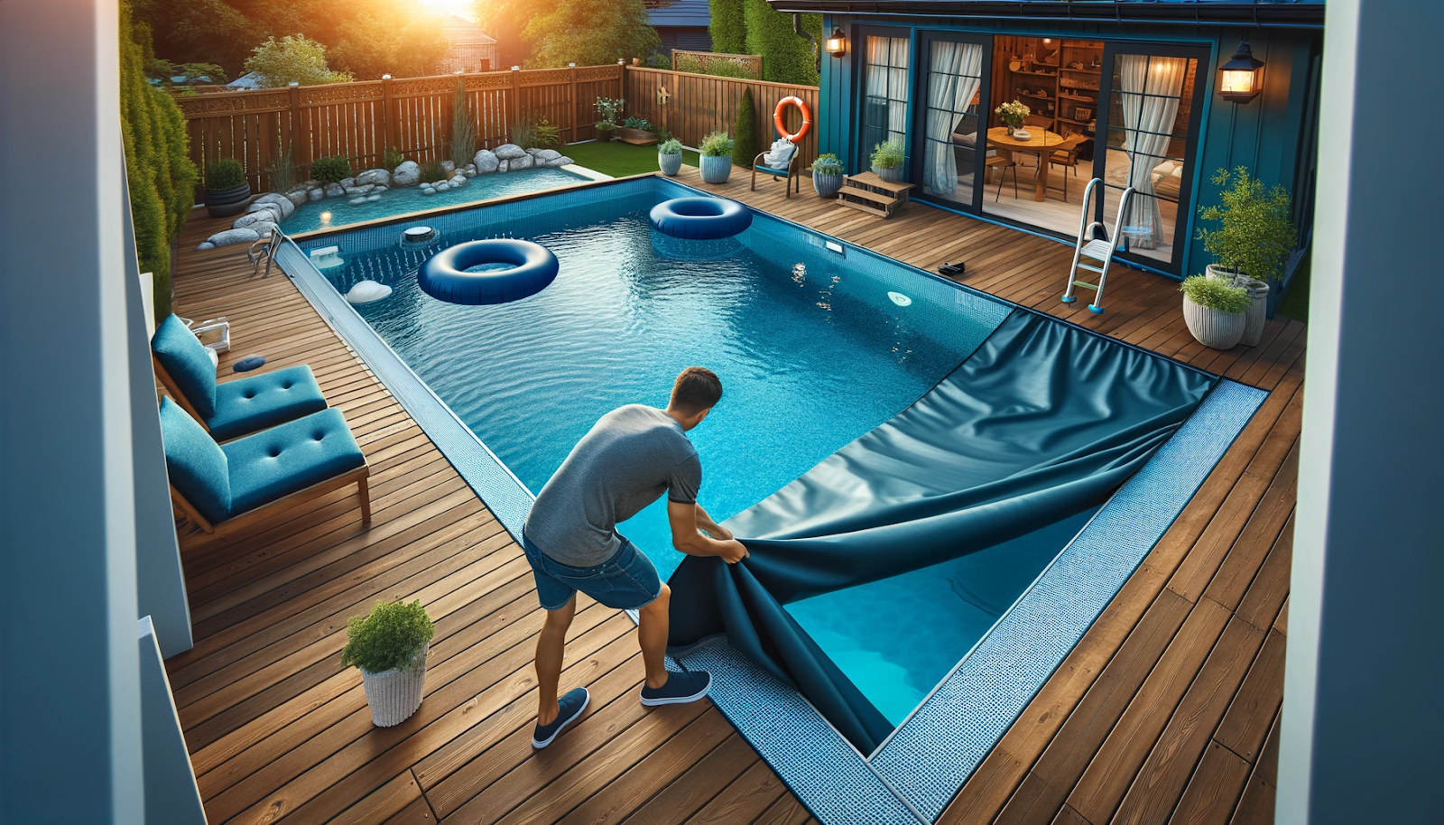 A person is installing a pool cover to enhance safety in a backyard pool area. Pool floats in navy blue and aqua blue are visible.