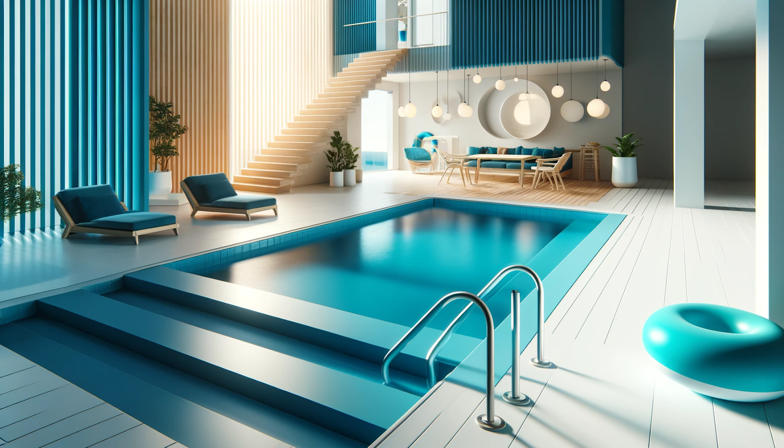 A bright and cheerful modern swimming pool with stylish navy blue and aqua blue ladder and steps, symbolizing sustainable pool access options.