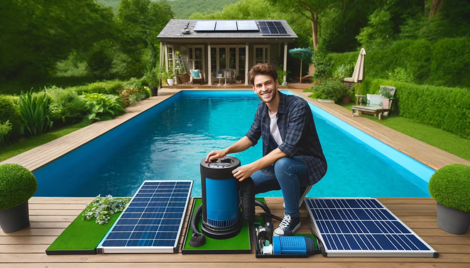 A cheerful person is retrofitting an older pool with eco-friendly equipment, installing solar panels and a variable-speed pump in navy blue and aqua blue.