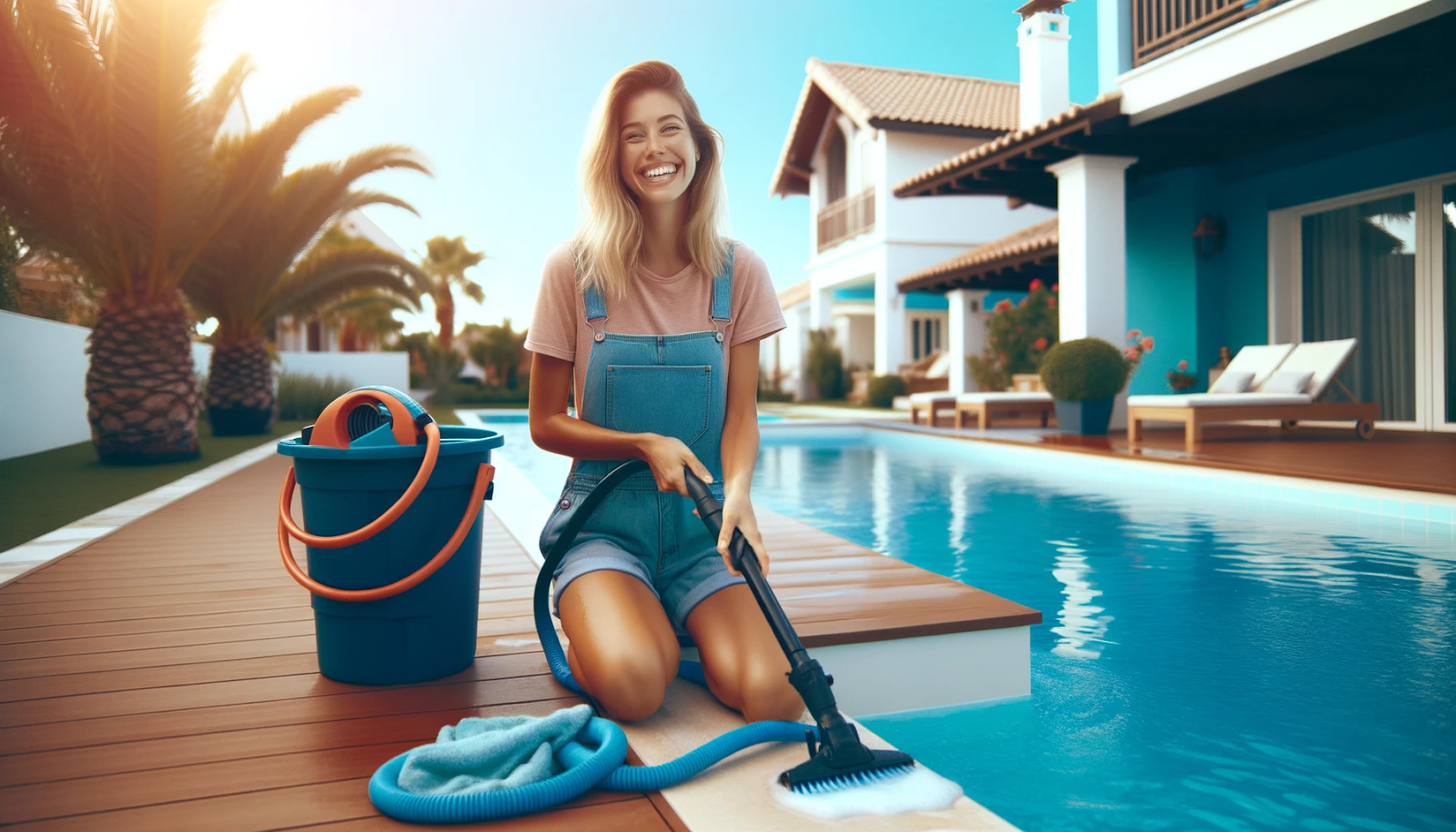 A cheerful person working on pool maintenance, emphasizing a clean pool with vibrant navy blue and aqua blue colors, showcasing off-season care.