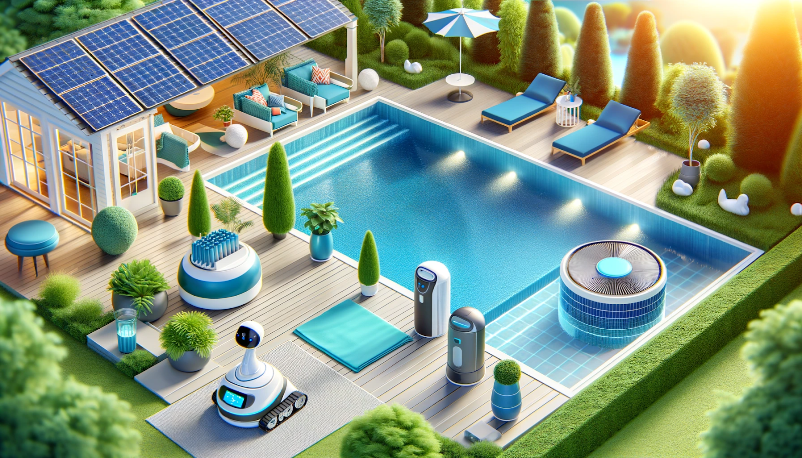 A bright and cheerful poolside scene showcasing energy-efficient pool equipment like solar panels for heating, a robotic pool cleaner, and a modern filtration system