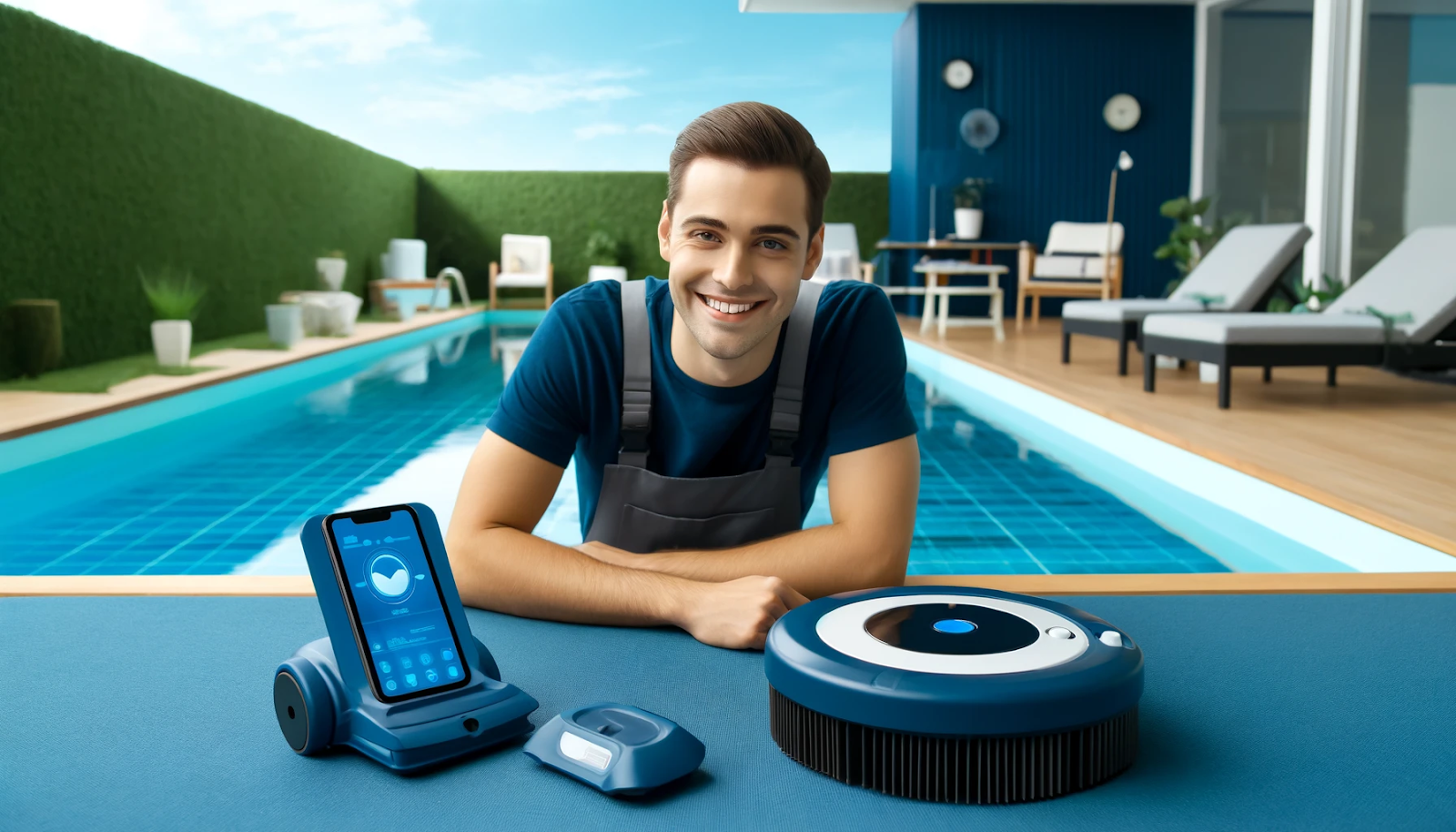  A cheerful person cleaning a pool with advanced technology, showcasing modern pool maintenance tools in navy blue and aqua blue.