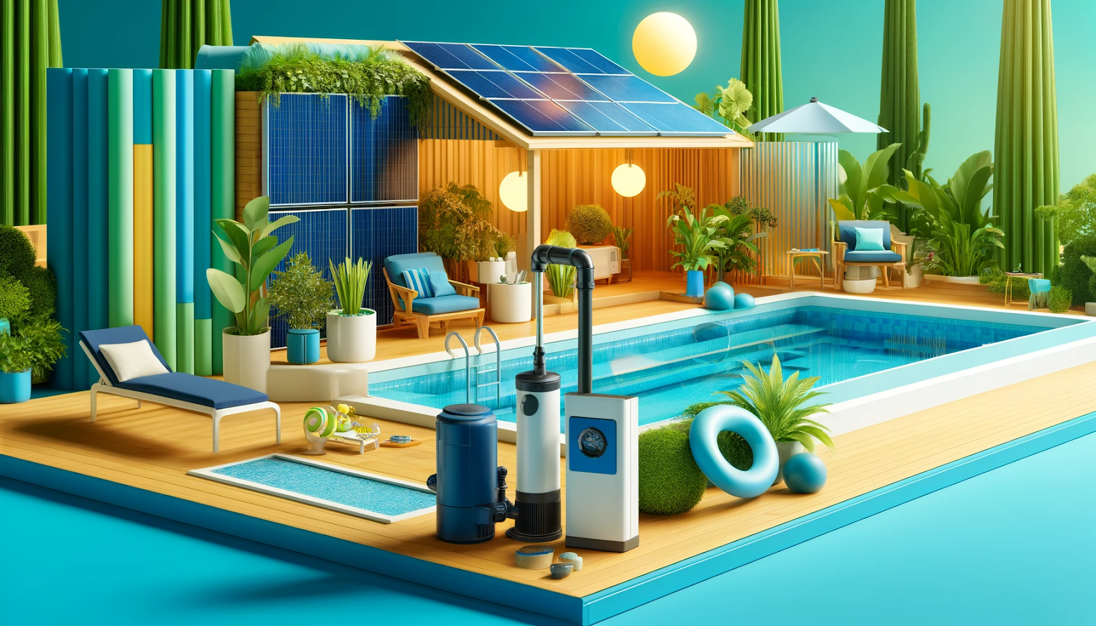 Bright and cheerful poolside scene with eco-friendly equipment like a solar heater, variable speed pump, and saltwater chlorinator, in navy and aqua blue.