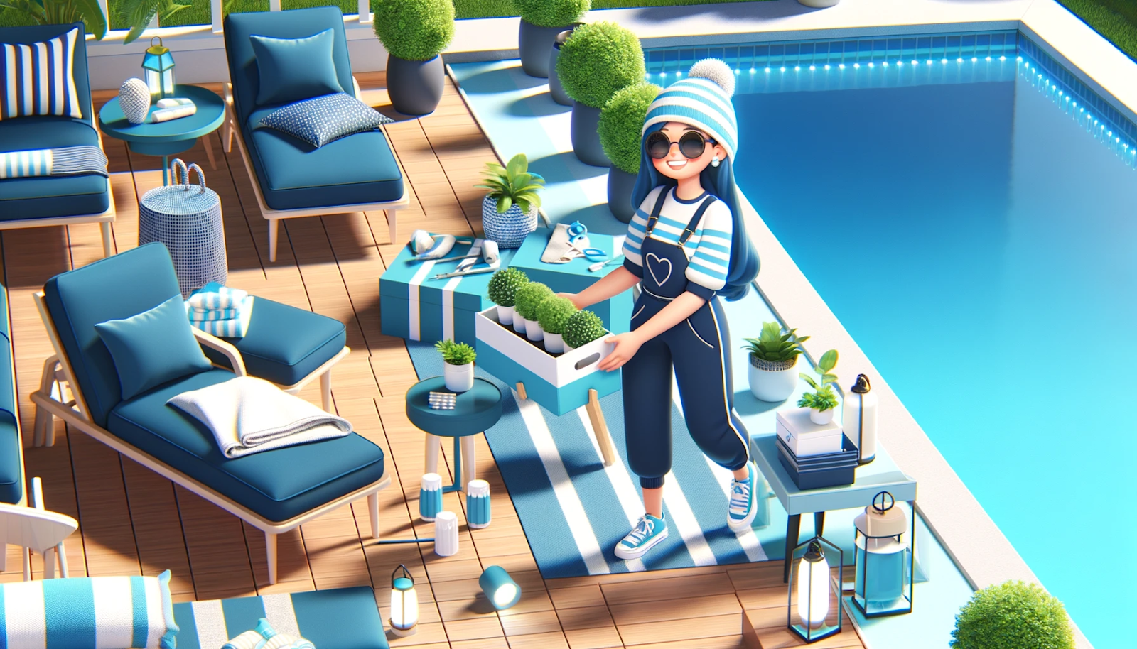 A cheerful person in a navy blue and aqua blue outfit working on a pool deck, adding stylish and functional accessories to enhance the space.